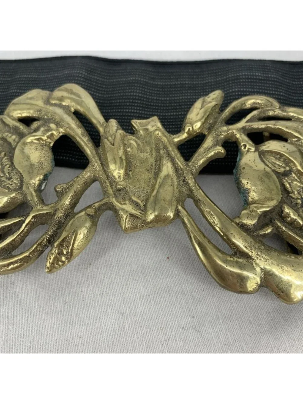 Brutalist Black Belt Brass Buckle Elastic Stretch Sz 26-30 Vintage